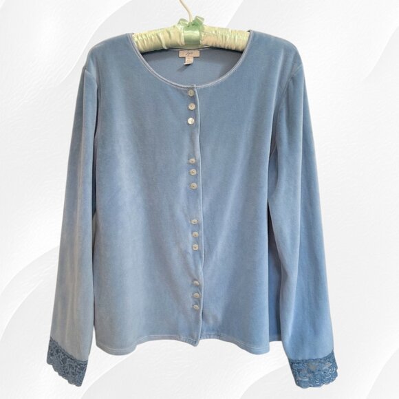 J Jill blue velour lace trim button up cardigan - Picture 2 of 10